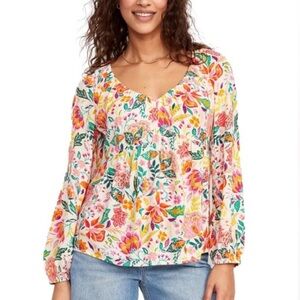 Old Navy Vibrant Floral V-Neck Long Sleeve Crinkle Babydoll Boho Top